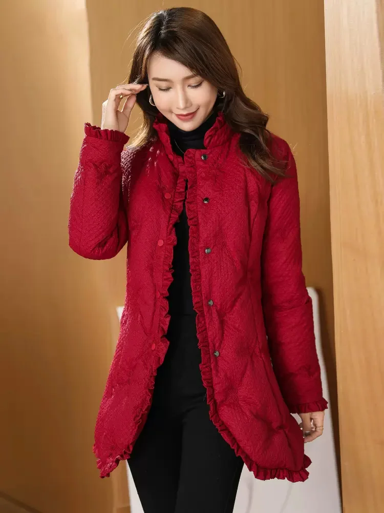 New Women Lightweight Warm Down Jacket Fashion Sweet Stand Collar Stretch Belt Slim White Duck Down Coat Short Outerwear Female