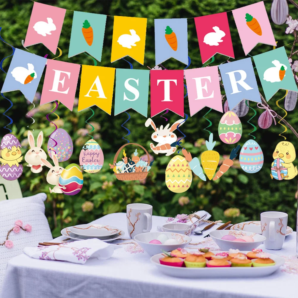 

1 Set Easter Carrot Bunny Pattern Banner Easter Spiral Egg Rabbit Pendants