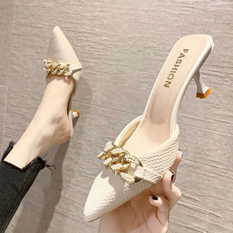 

2022 Women Sandals Casual Women's Shoes Heels Fashion Pointed Toe Slides Chain Decor Shoes Female Footwear Ladies Office Party
