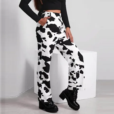 2023 New Design Ladies Wide Leg Pants Fashion Women High Waist Loose Pocket White Cow Printed Jeans Pantalones De Mujer