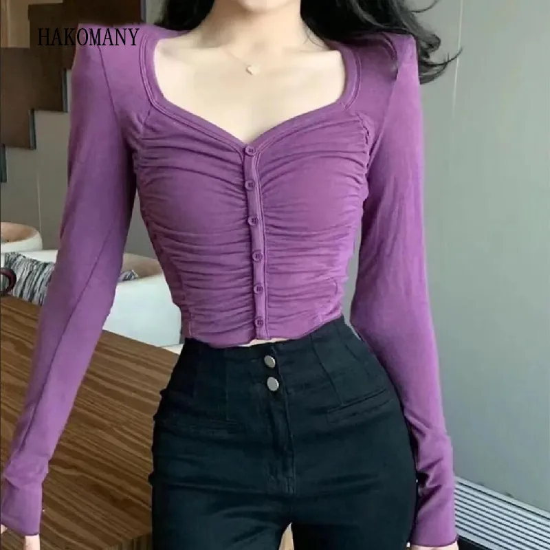 

2023 Women Square Neck Ruched Pleated Front Single-breasted Buttons Corset Long Sleeve T-shirt Crop Tops