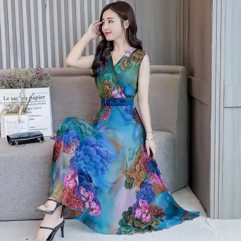 

Женское элегантное винтажное шифоновое макси-платье с v-образным вырезом без рукавов с цветочным принтом 2023 корейские богемные пляжные длинные платья на бретелях для отдыха