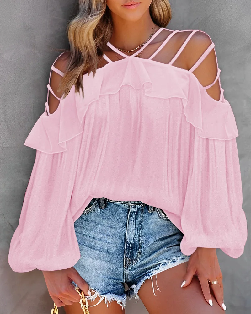 

Cold Shoulder Ruffle Hem Cutout Top Bandage Women Top Autumn Full Puff Sleeve Spliced Solid Color Toerred Loose
