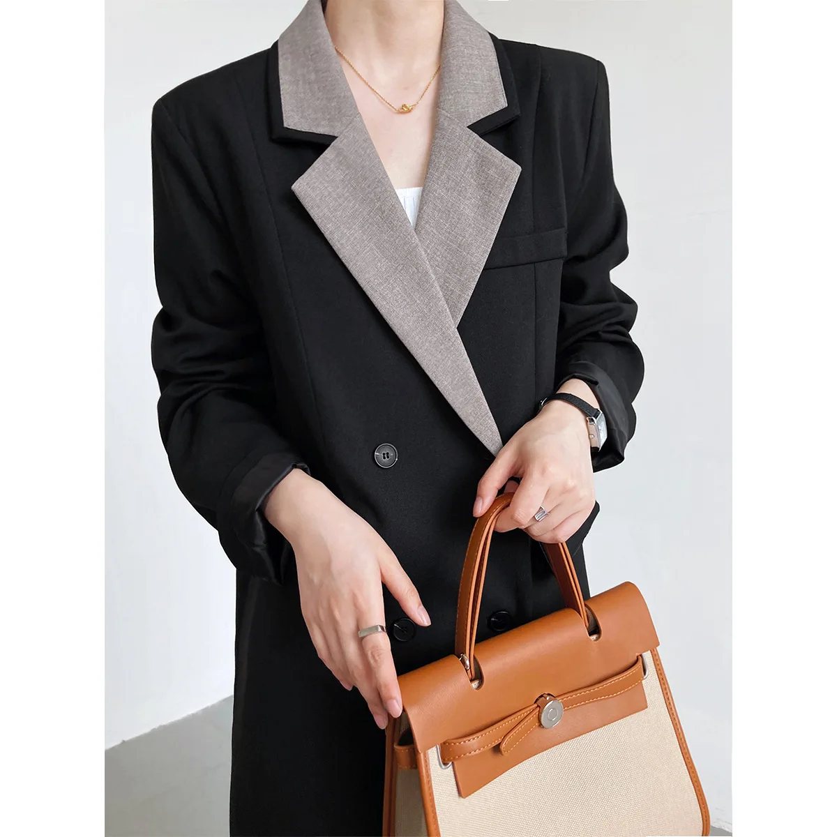 Design sense, medium long suit coat, women's autumn vintage color contrast suit coat