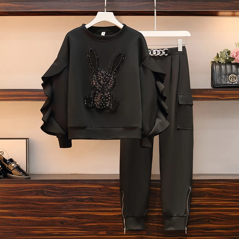 

Casual Sportswear For Women 2022New Autumn Fashion Beaded Embroidery Black Sweatshirt Tops+High Waist Harem Pants Two-Piece Sets