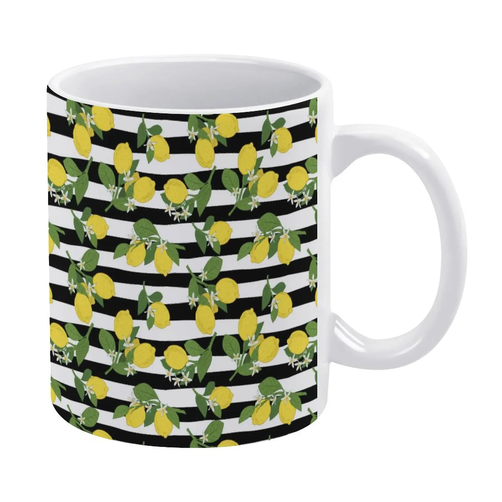 

Black White Stripes Mug Striped Yellow Lemons Print Porcelain Tea Mug Wholesale Cool Cups