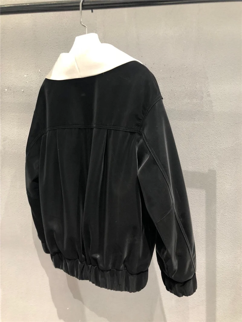 2022 New Fashion Women Genuine Sheepskin Leather Coat Single Breasted Black Real Leather Jacket Big Lapel Collar Woman Overcoats