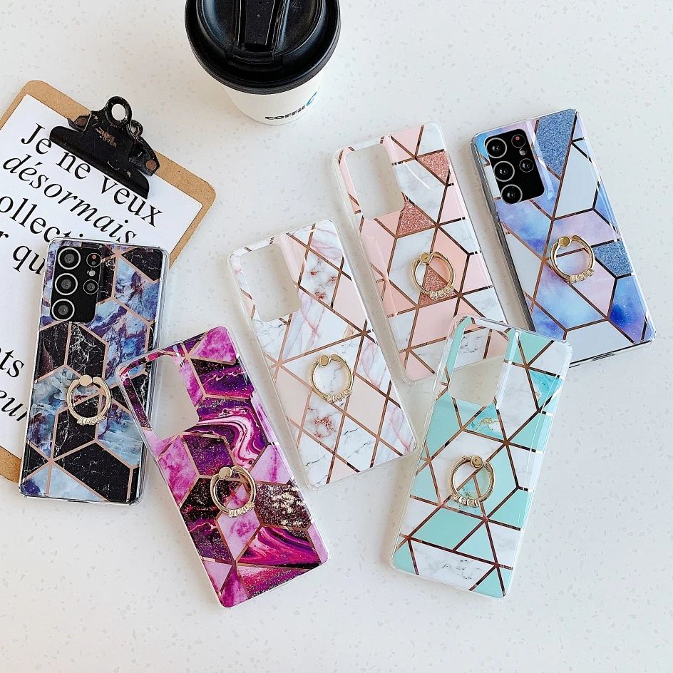 

Plated Geometric Marble Phone Case For Samsung Galaxy S22 Ultra S21Plus S20FE S20Lite S20 S10E S9 IMD Protection Cases With Ring