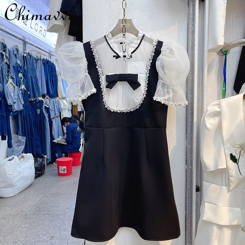 

2022 Summer Wear New French Court Design Lace Stitching Women Dress Heavy Rhinestone Bow Slimming Temperament Black Dresses