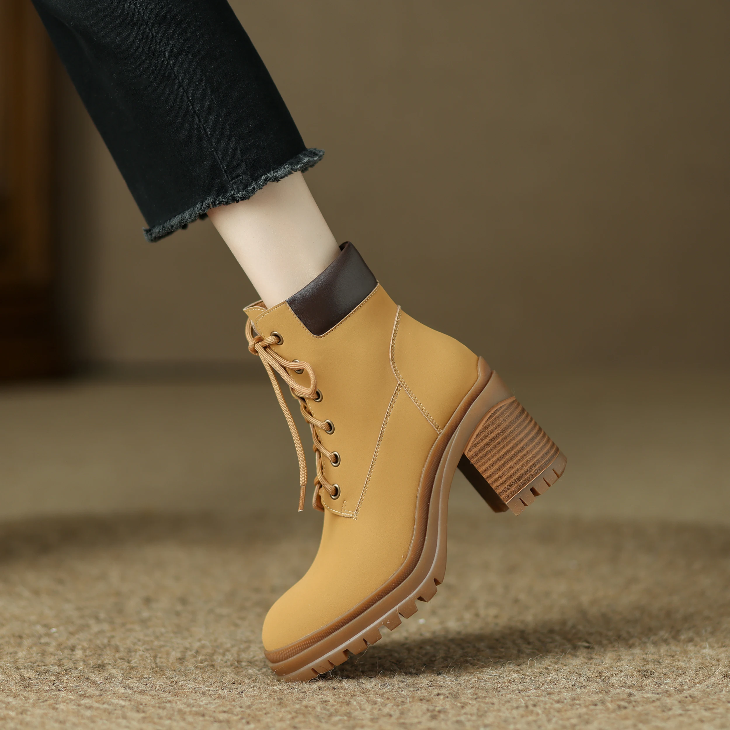 

YPP Square Chunky Block High Heels Boots Cow Leather Retro Lace Up Women Shoes Lace Up Round Toe Gothic Punk Motorcycle Boots