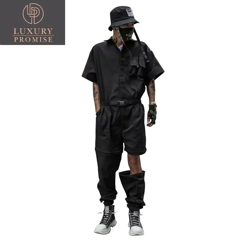 2023 New Fashion Summer Cargo Overalls Half Sleeve Jumpsuits Solid Joggers Knee Zipper Rompers Street Style Casual Men Pants
