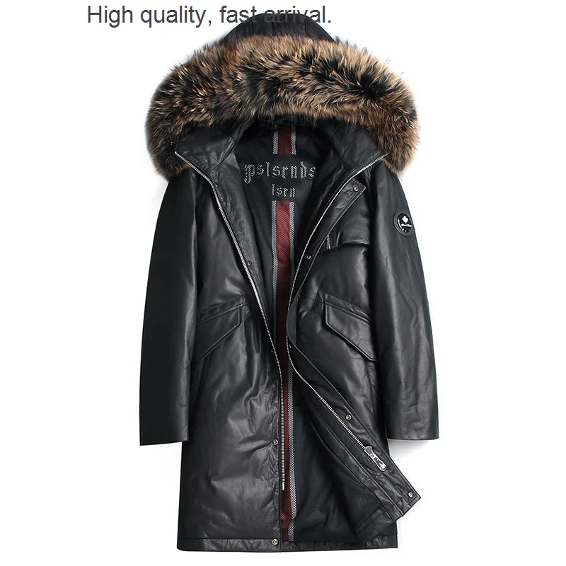 

layer cowhide Top large profile mid-length down parka hooded raccoon fur collar genuine leather coat for men coat men