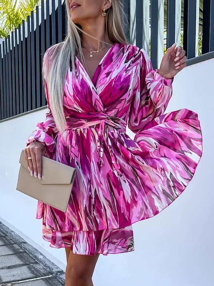 

Women Summer Chiffon Party Dress Shirring Holiday Loungewear Long Sleeve V-Neck Printing Ladies Mini Dress Streetwear Vestidos
