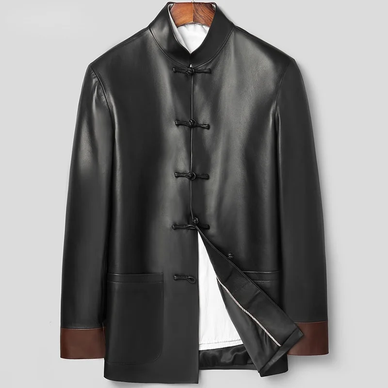 

High quality Leather Men's Genuine Blouson Jacket Chinese Style Homme Real Sheepskin Coats Jackets Male Black Casual