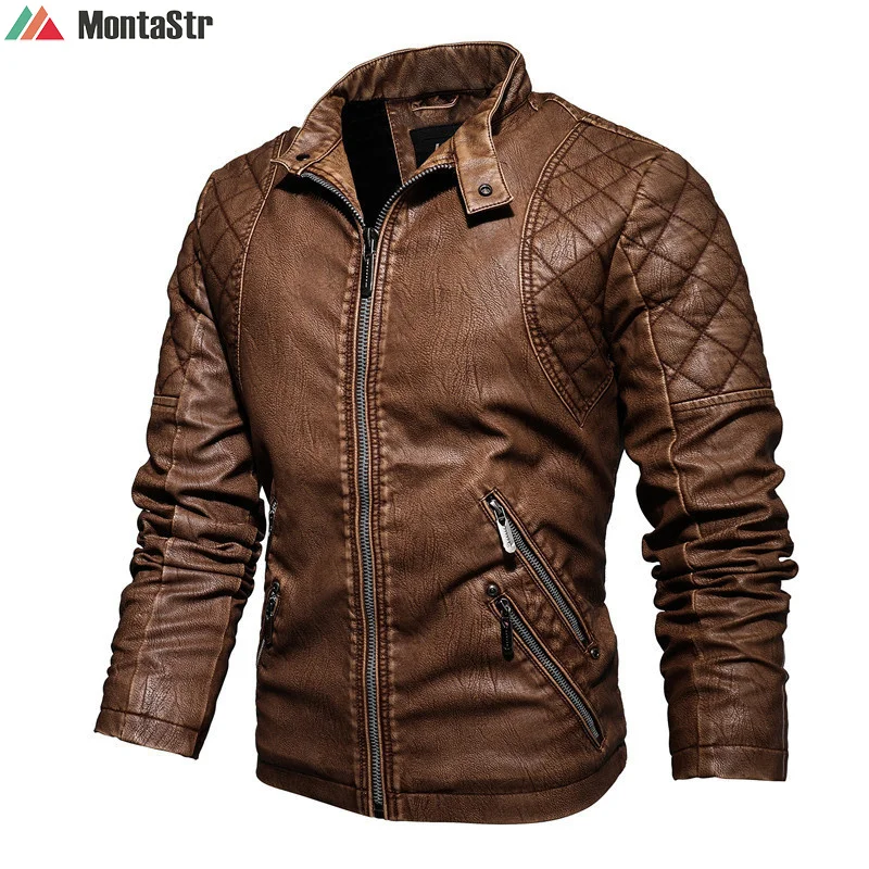 

Мужская Флисовая мотоциклетная куртка, облегающее короткое пальто из искусственной кожи с воротником, теплая зимняя Осенняя ветрозащитная...