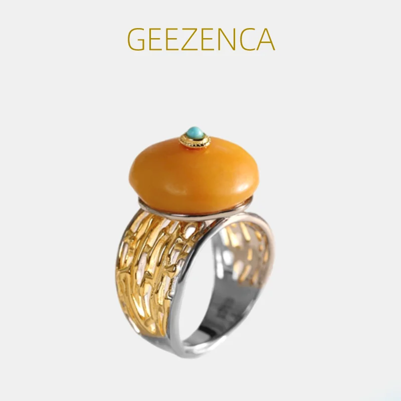 

GEEZENCA Natural Amber 925 Sterlings Silver Gold Plated Women's Ring Vintage Luxury Gemstone Hollow Out Adjustable Rings Gift