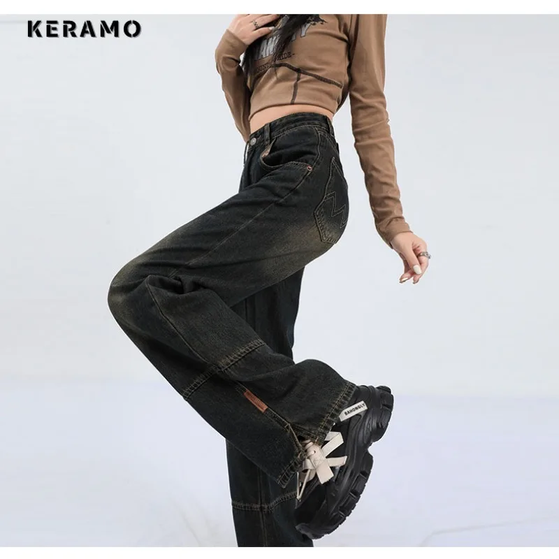 Винтажные синие прямые джинсовые брюки с высокой талией в уличном стиле осень 2023