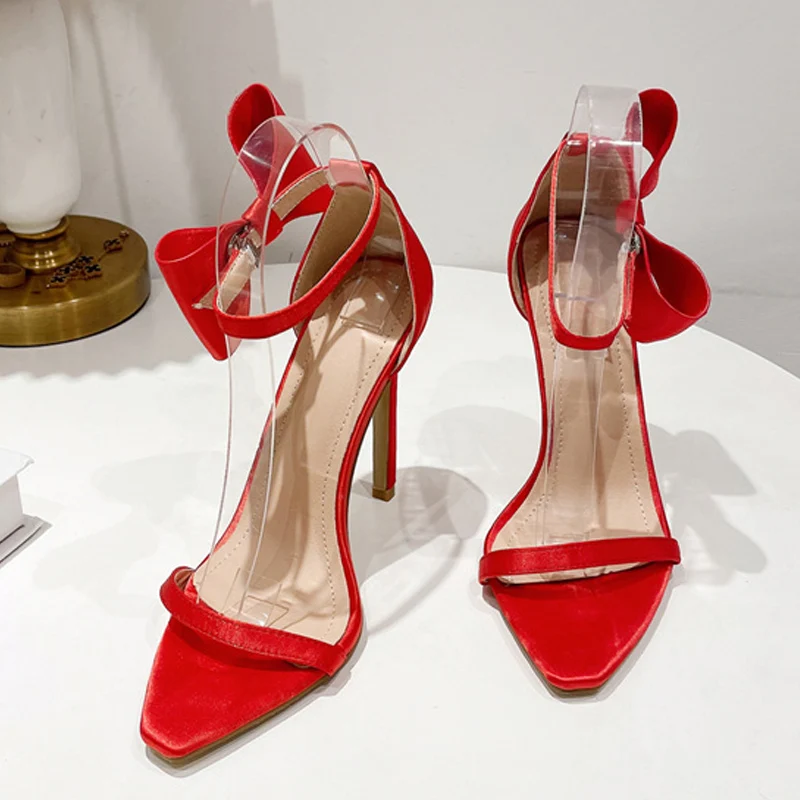 

Summer Peep Toe High Heels Women Sandals Sexy Red Butterfly-Knot Buckle Strap Ankle-wrap Ladies Wedding Stripper Shoes Stilettos