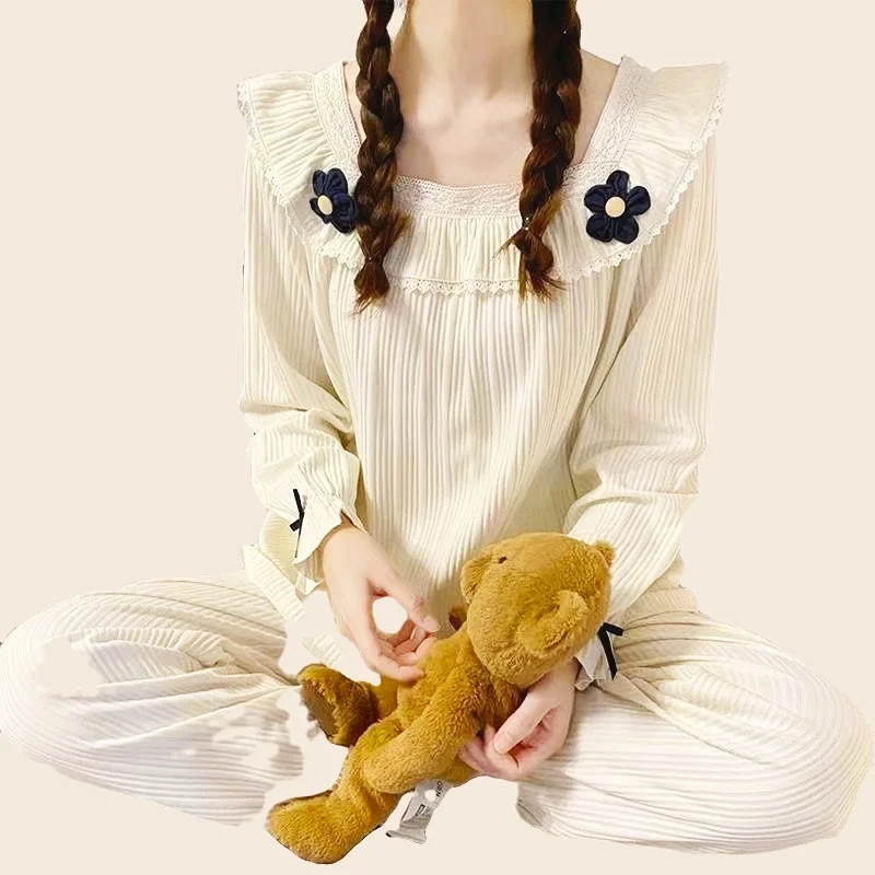 Pretty Women's Pajamas Set Full Sleeve Tops Long Pants Spring Cute Bow Pyjama Sweet Homewear Plus Cozy Sleepwear Pjs