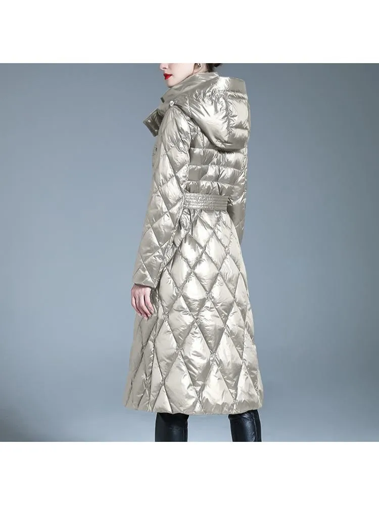 Europe 2022 Winter Long Hooded Plaid 90 White Duck Down Coats Women High-End Loose Lace Up Thicked Warmer Bread Cloth Jackets