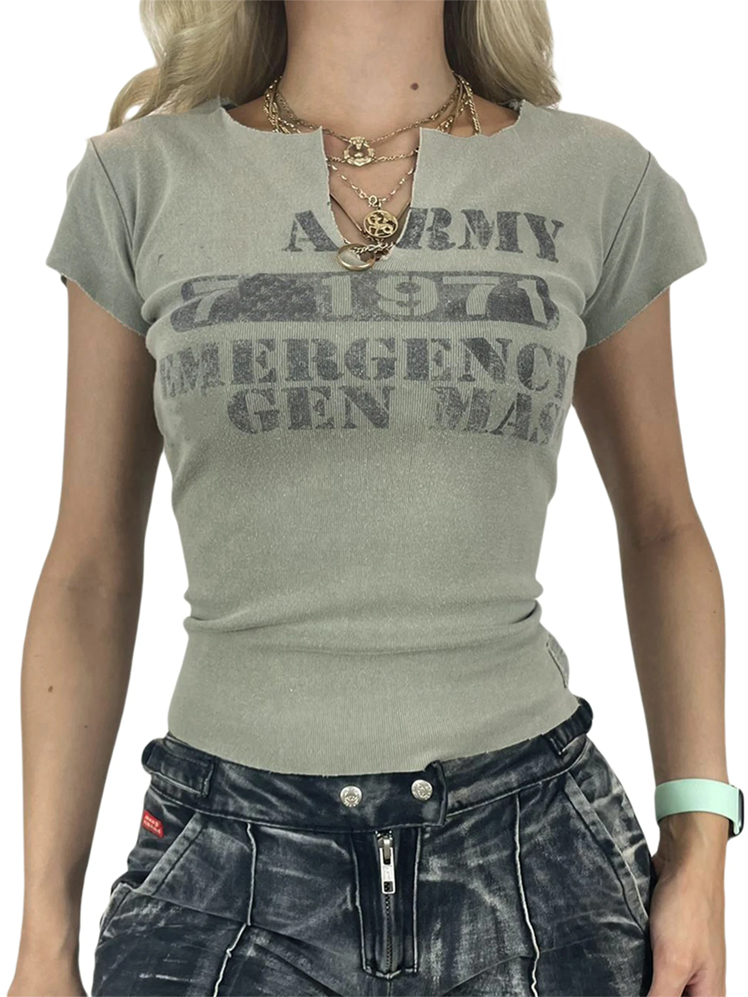 

Шикарный и модный женский укороченный топ с принтом в виде звезд с контрастным цветом и круглым вырезом, приталенный силуэт-идеальная летняя рубашка с открытым пупком для