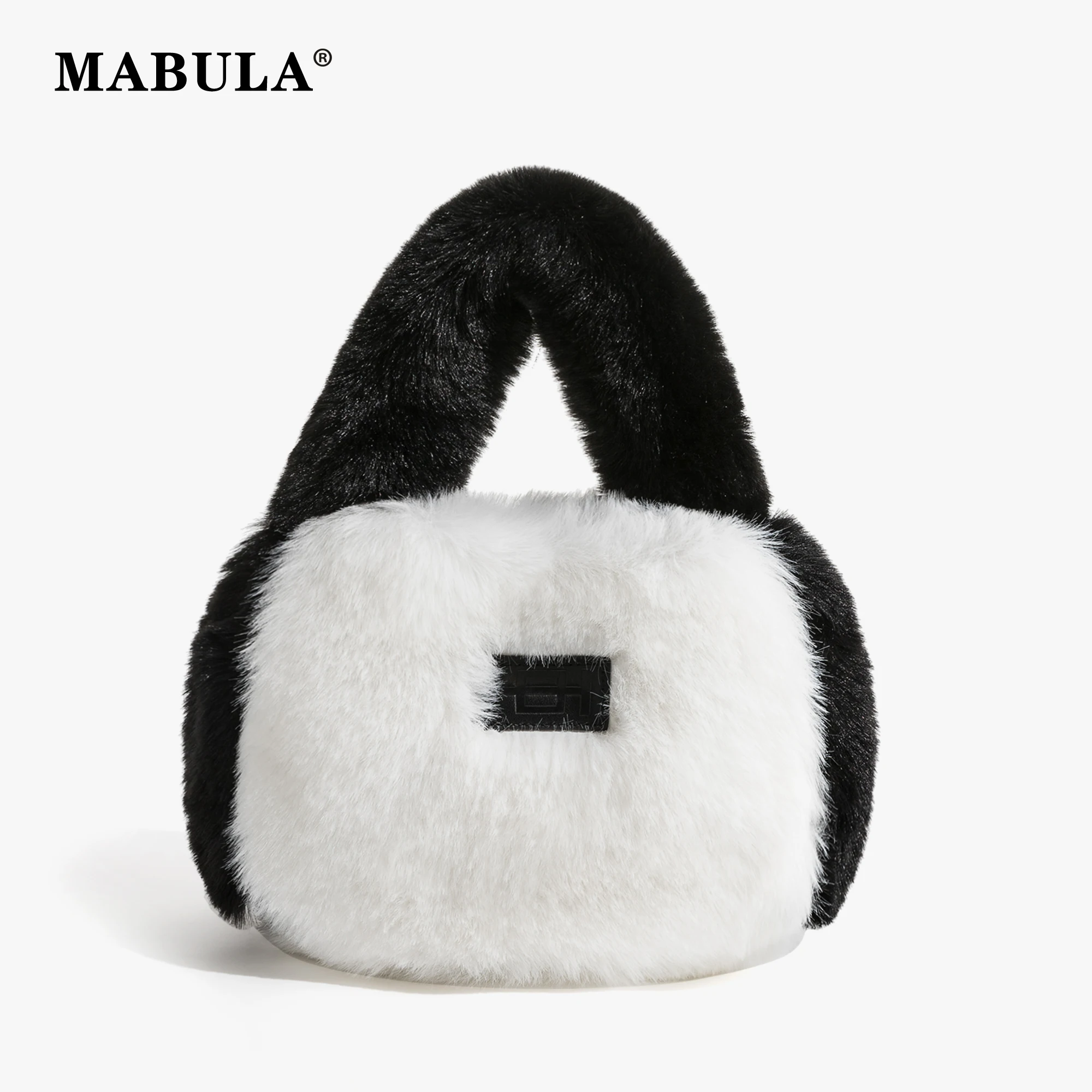 

MABULA Black and Whiter Faux Fur Women Top Handle Purse 2023 Winter Fuzzy Fluffy Brand Evening Clutch Handbag Chic Crossbody Bag