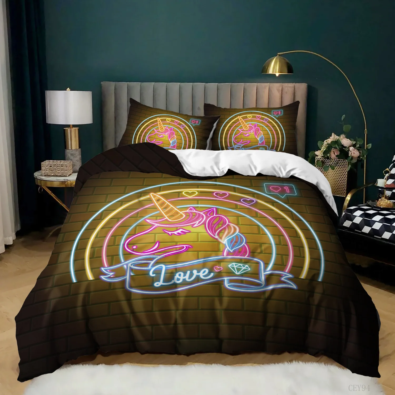 

Unicorn King Queen Duvet Cover Shiny Animal Rainbow Bedding Set for Kid Cartoon Fairy Tale Wildlife 2/3pcs Polyester Quilt Cover