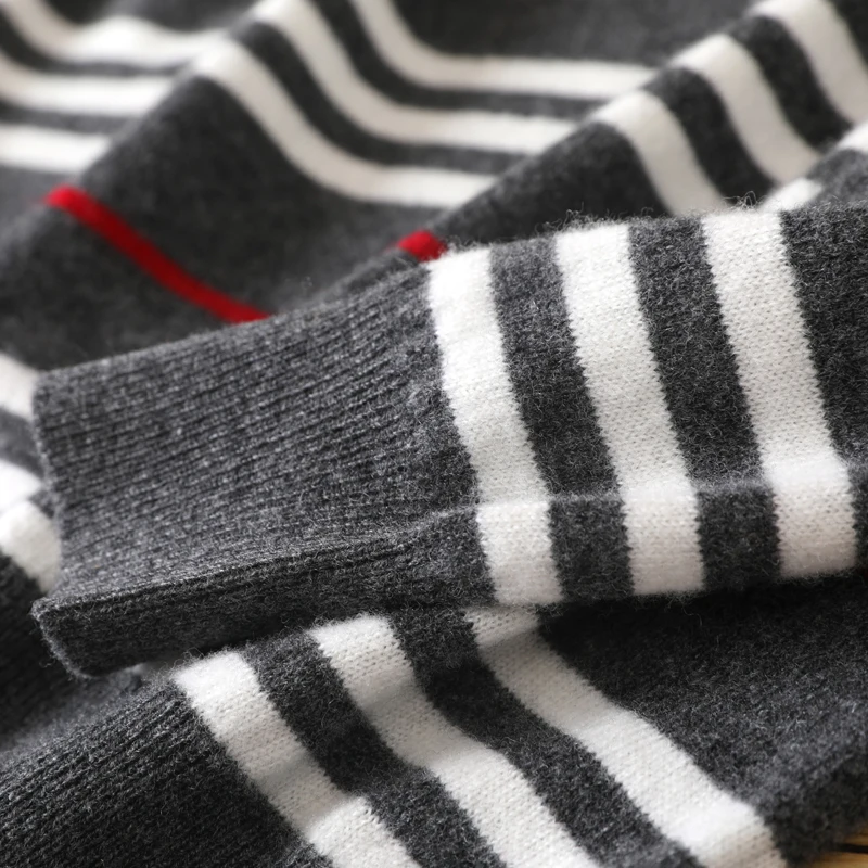 100% pure wool sweater men's round neck pullover spring and autumn new knitted striped cashmere sweater
