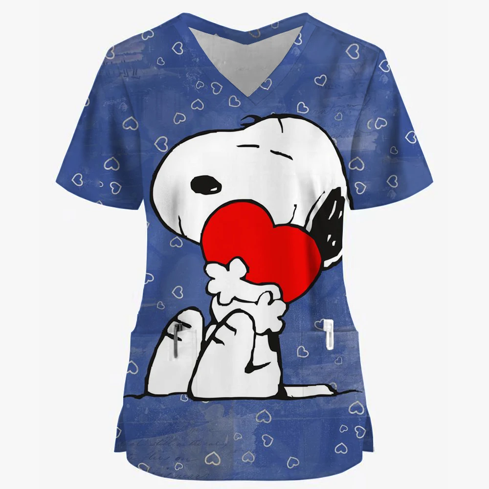 Женская Рабочая Униформа с принтом Снупи топы коротким рукавом и V-образным