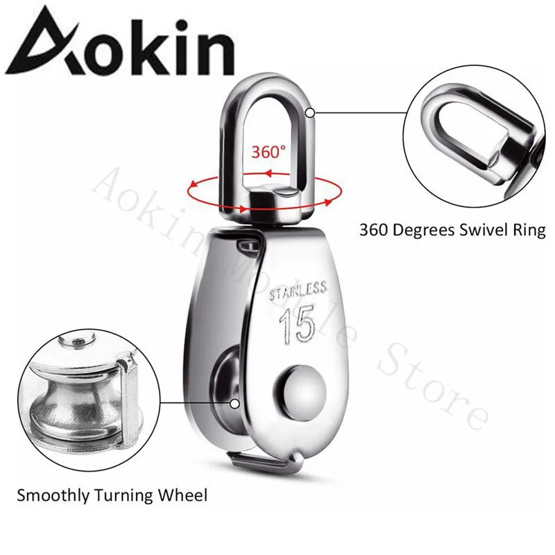 

New 0.59" Single Pulley Block Stainless Steel M15 Crane Swivel Hook Single Pulley Roller Smooth Wire Rope Cable Heavy Loading