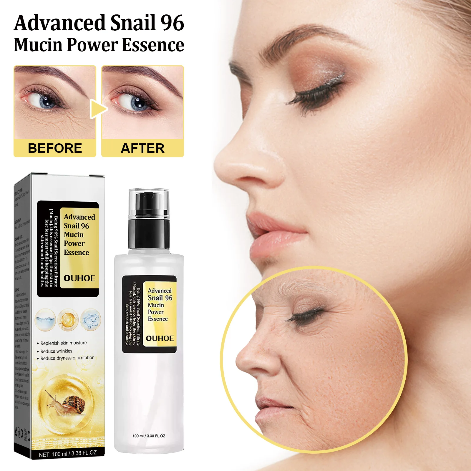 

100ML Snail Mucin 96% Power Repairing Essence Hydrating Face Serum Shrink Pores Acne Treatment Spots Fine Lines Facial Skin Care