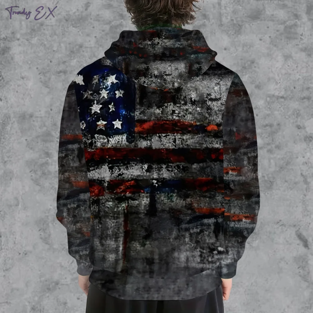Vintage Flag Print Men's Sweatshirt Casual Streetwear Drawstring Raphic Hoodies Spring Fall Long Sleeve Hooded Man