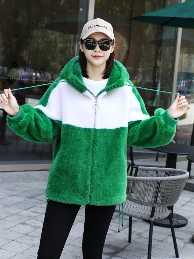 

Fashion Natural Real Sheep Shearing Winter Overcoat 2022 Loose Women Thick Warm Top Streetwear Coat Zipper Hooded Coats Q108