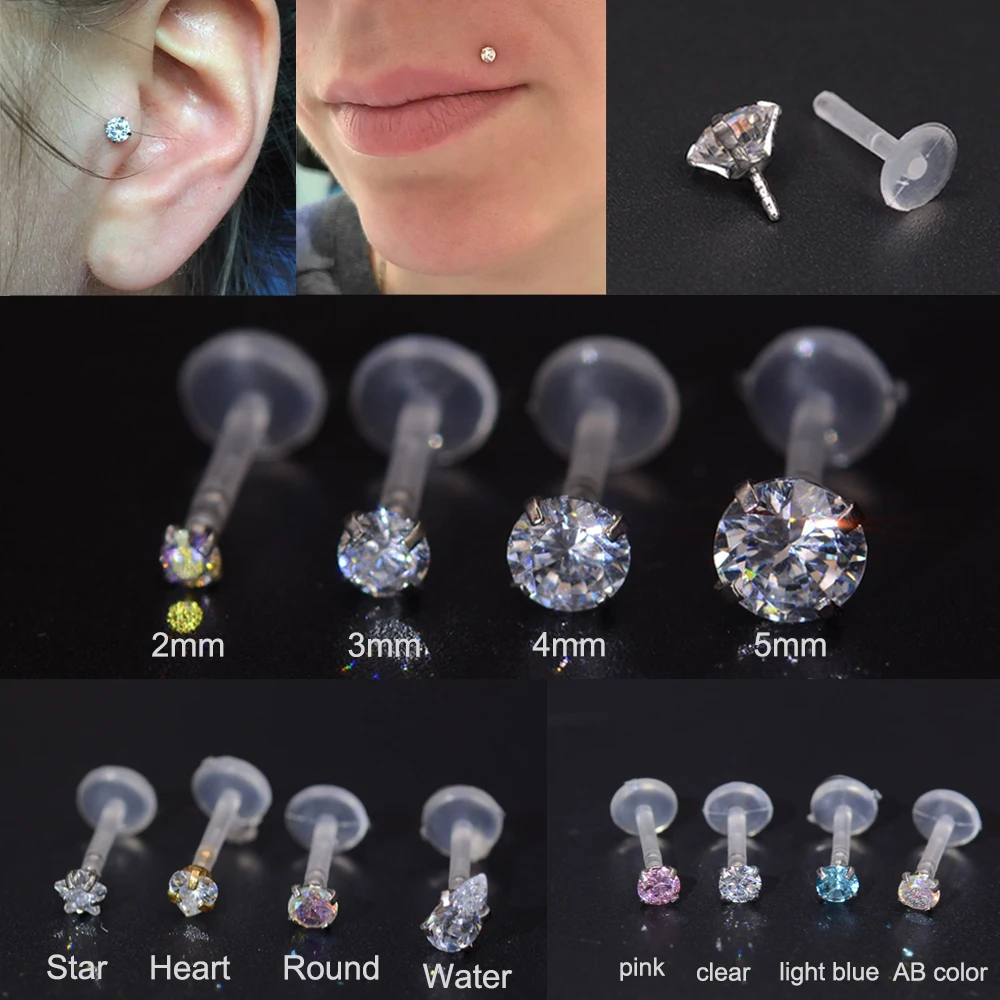 2Pcs Lip Labret Prong Piercing Setting Zircon Tragus Cartilage Flexible Bioplastic Labret Monroe Lip Ring Piercing Jewelry 16G