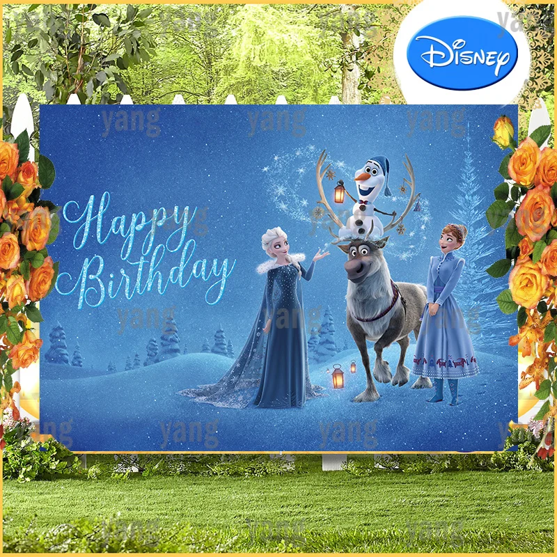 

Disney Custom Frozen Princess Elsa Anna Cute Sven Olaf Ice Forest Birthday Party Blue Glitter Backdrop Photography Background