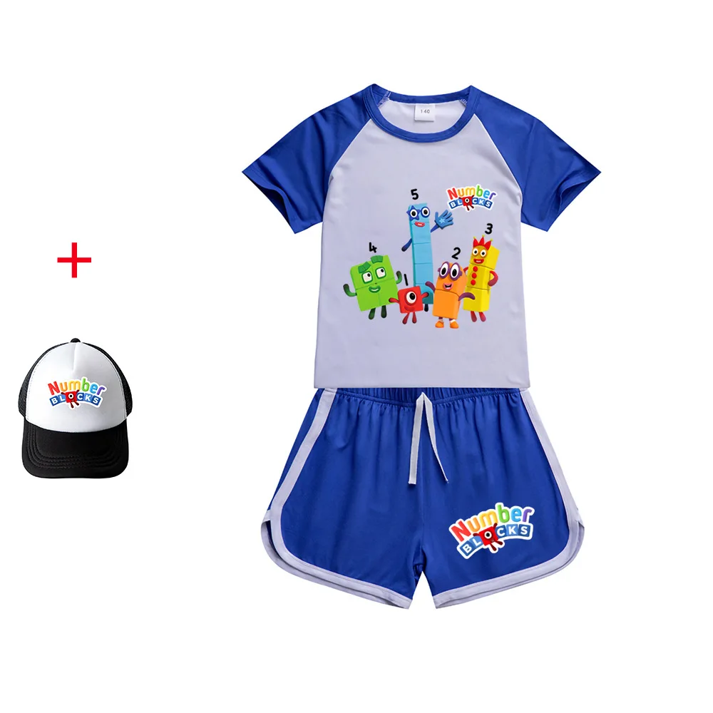 

Kids Summer Cotton Print T-Shirt Shorts Home Leisure Sports Short Sleeve Suit Cartoon Number Blocks Boys and Girls Clothing