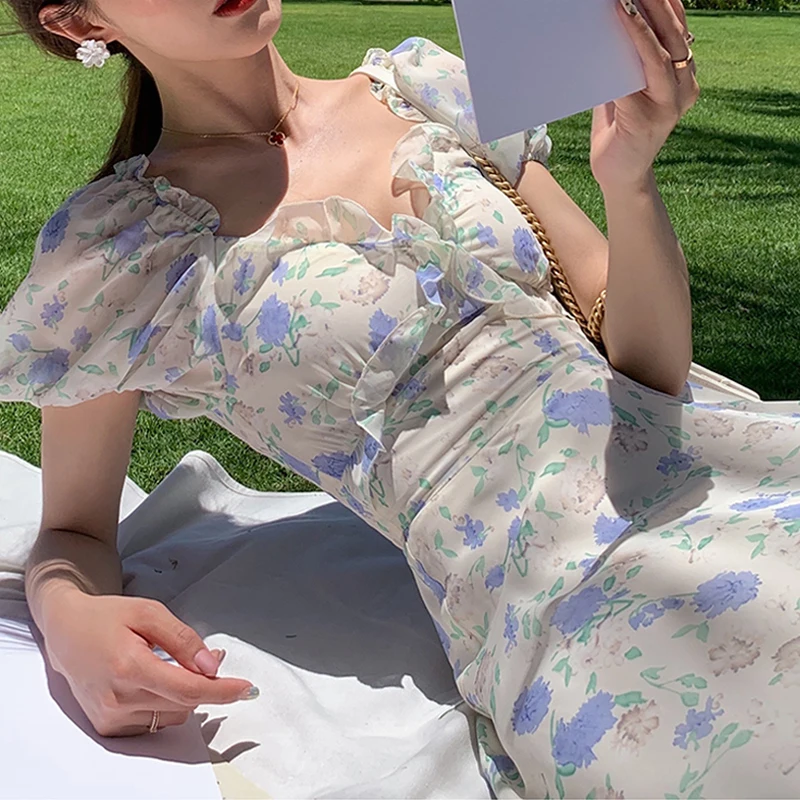 

Summer Vintage Floral Dress Women Elegant Fairy Lace-up Party Ruffle Dress Female Casual Evening Holiday Beach Dress 2021 Korean