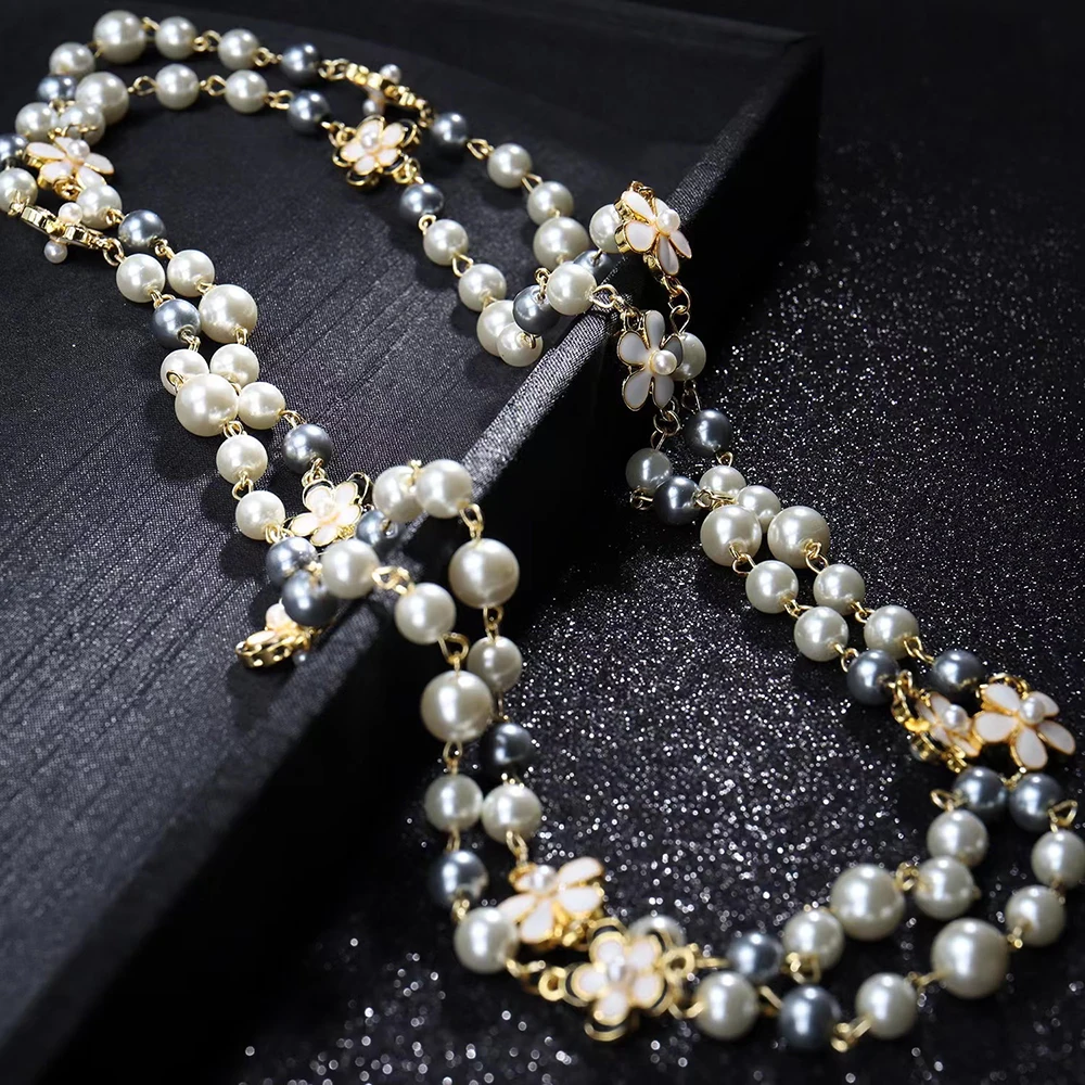

2022 New High Quality Women Flower Pearl Pendant Necklace Double Layer Long Necklace Choker Jewelry