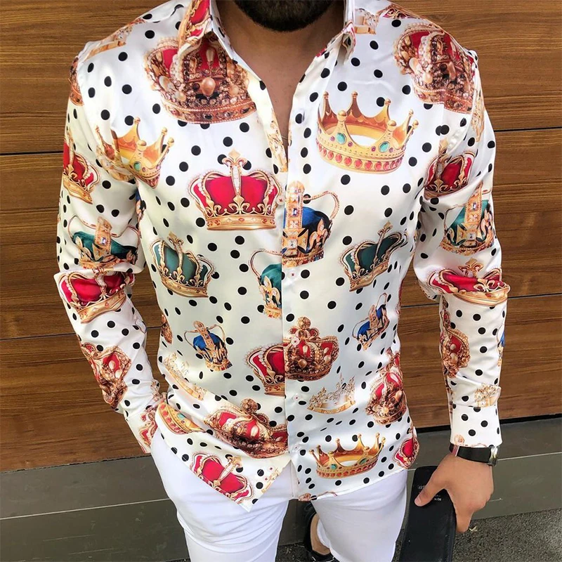 

Autumn Luxury Crown Printed shirts for men 2021 New Long Sleeve Slim Casual Shirts Streetwear Social Party Clothes chemise homme
