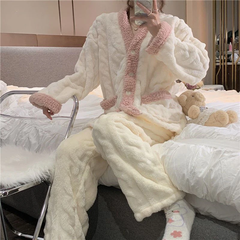 Winter Warm Thicken Pajamas Women Girl Stylish Cute Solid Color Sleepwear Sets Coral Fleece Home Clothes
