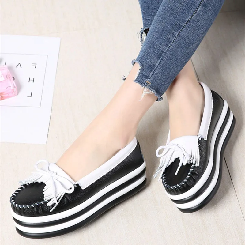 Tassels High Platform Shoe Loafers Women White Genuine Leather Casual Shoes Woman Flats Slip on Black Shoes Plataformas Lolita