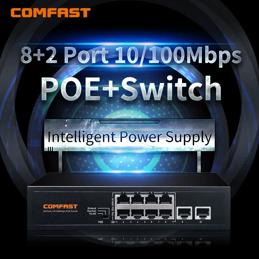 COMFAST IEE802.3af/at Network POE switch Ethernet with 8+2 10/100Mbps RJ45 port stable and fast for IP camera / Wireless AP