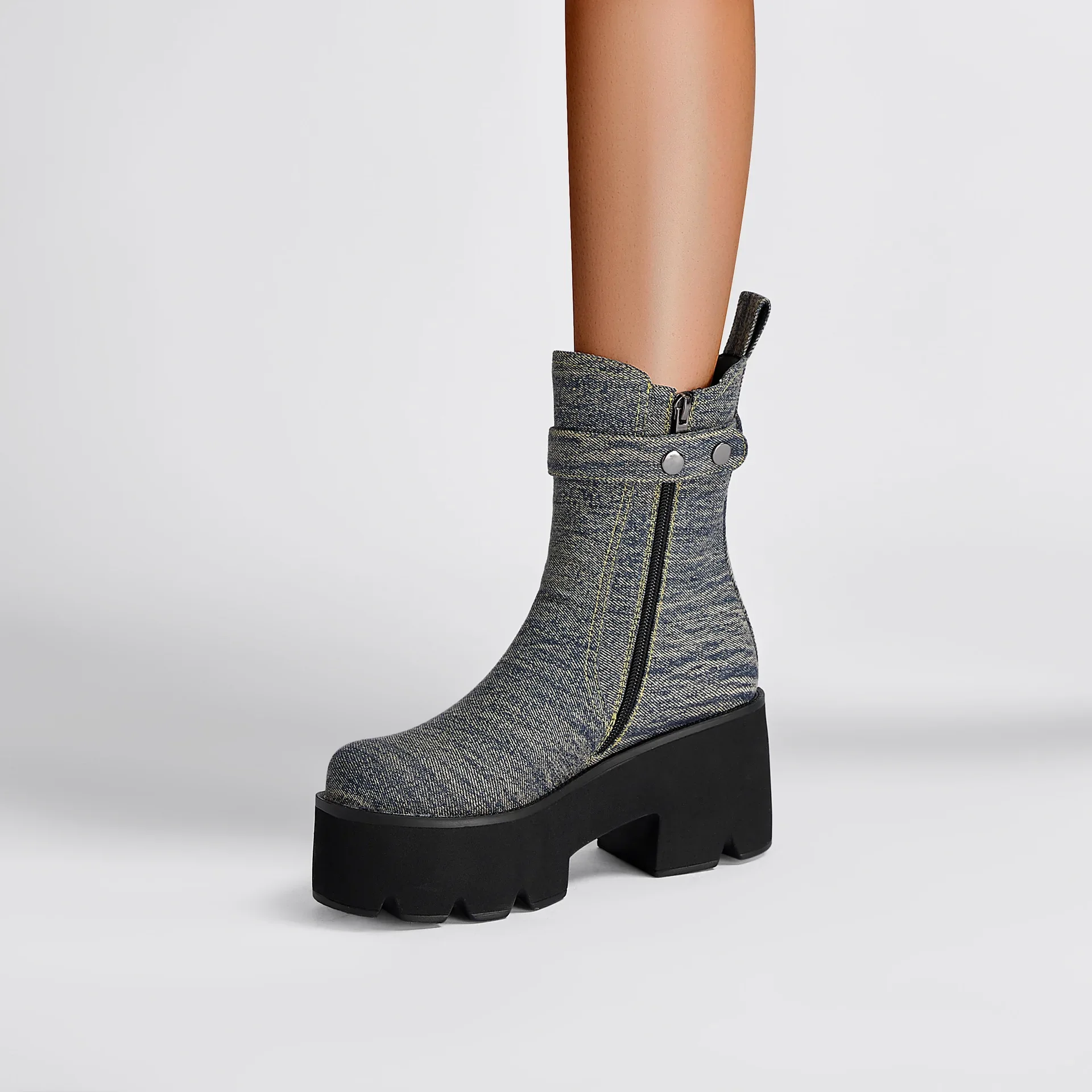 Denim Round Toe Platform Ankle Boots Thick High Heel Color Block Belt Buckle Botines Stitching Material Plus Size Women Boats