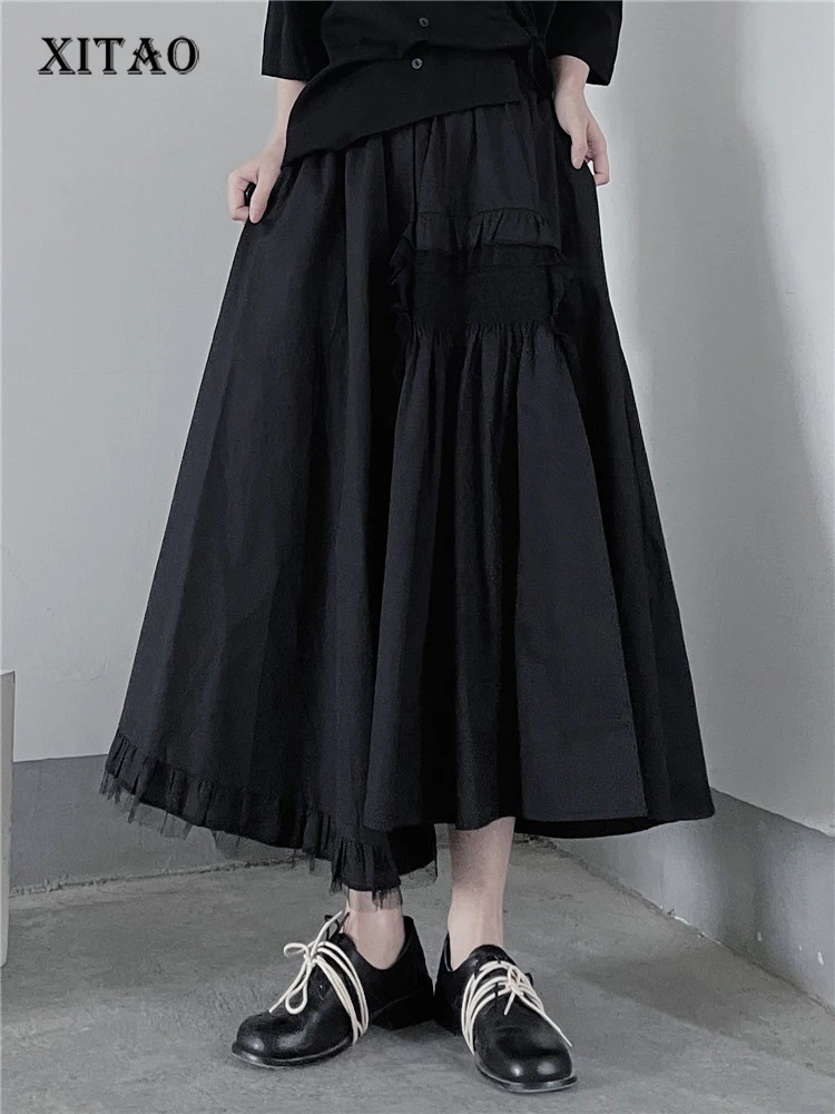 

XITAO Black Skirt High Waist Pleated Solid Color Tassel Goddess Fan Casual Style Elastic Waist Minority Elegant Skirt WLD7363