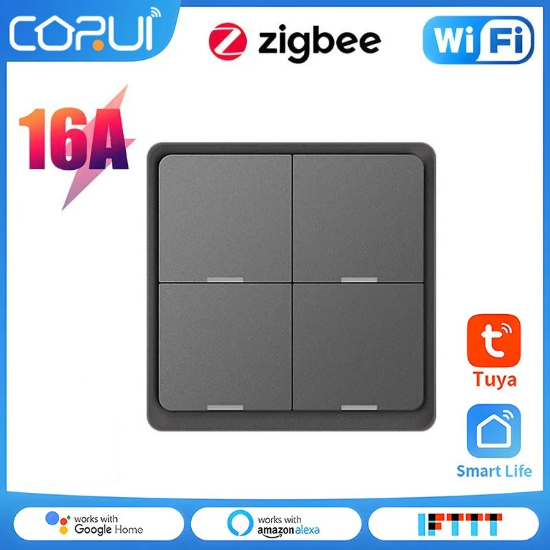 

CORUI Tuya ZigBee 4 Gang Wireless 12 Scene Switch Push Button Controller Battery Powered Automation Scenario For Tuya Devices