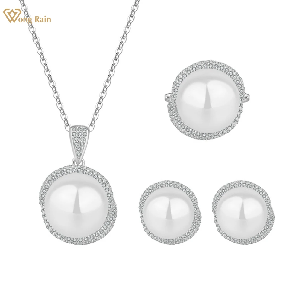 

Wong Rain элегантное серебро 925 пробы 12-14 мм жемчужный белый сапфир драгоценные камни Кольцо/ожерелье/серьги свадебный комплект ювелирных издел...