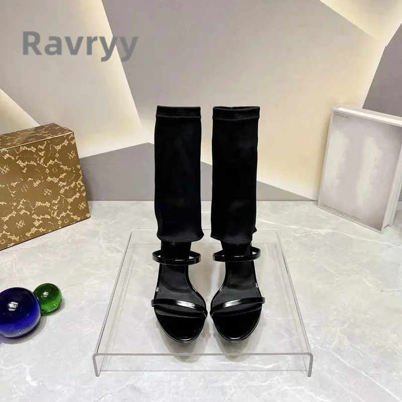 2023 Summer Hot Fashion Boots Open Strip Versatile Concise High Heel Boots Thin Heel Sewing Stretch Cloth Slip-On Women Shoes