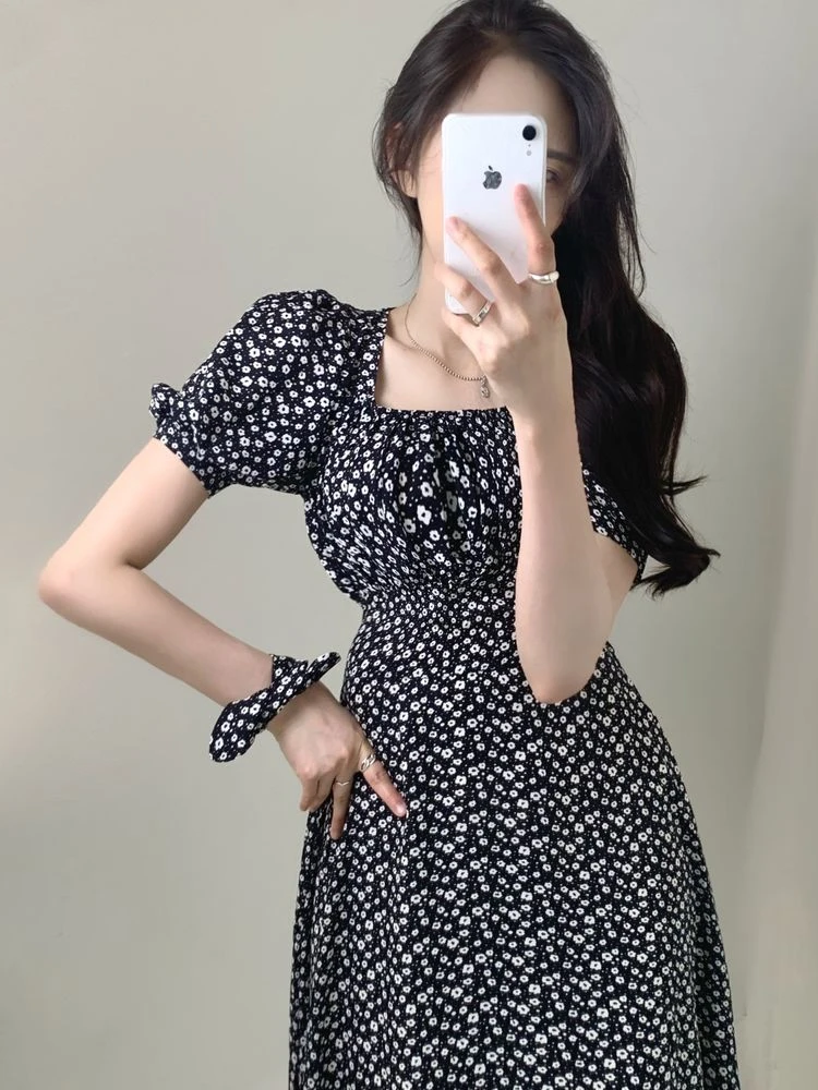 

Японские Женские платья, длинное платье 2022, летнее кружевное платье в горошек в стиле ретро с квадратным вырезом и талией, повседневное женс...