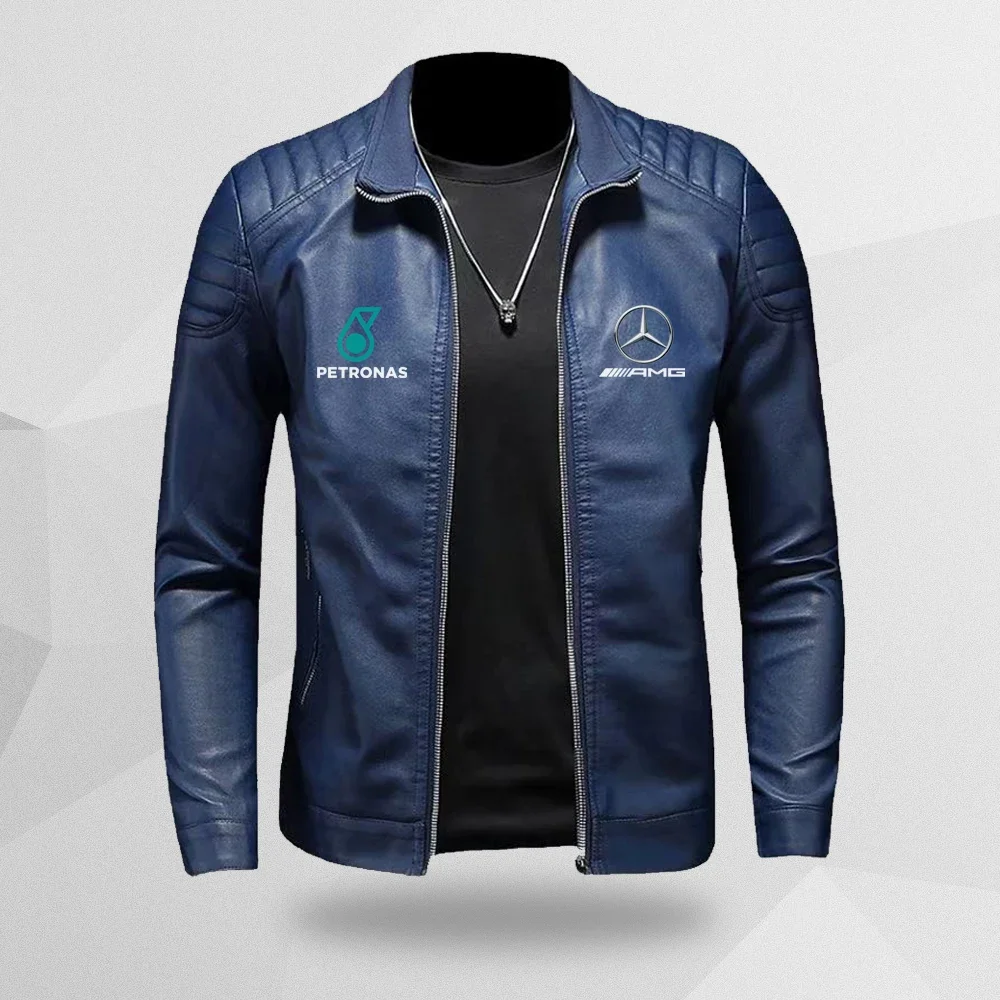 Мужская модная деловая односекционная кожаная куртка Mercedes Benz на молнии