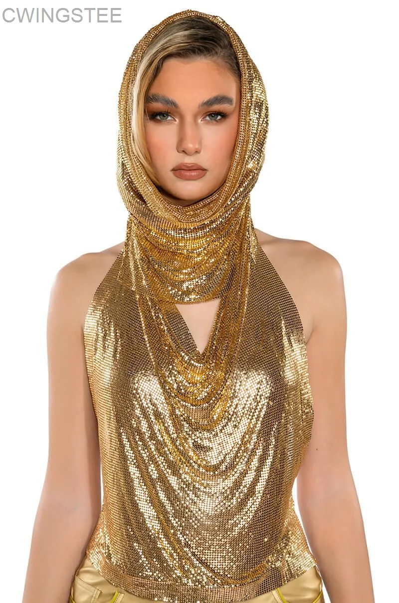 

Women Metal Sequins Tank Top With Turban 2 Piece Sexy V Neck Backless Suspender Top Rave Festival Party Nightclub Camisole